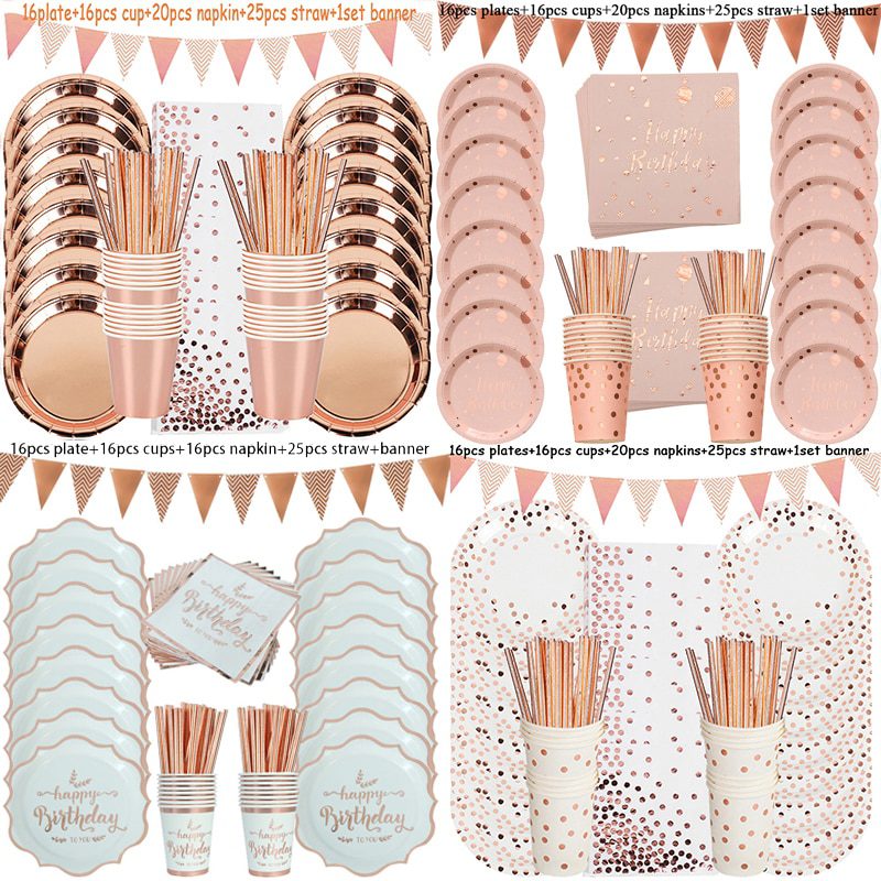 NEW Rose Gold Happy Birthday Printing dot Disposable Tableware Set Paper Plate Cup birthday party decoration Girl Kids baby show