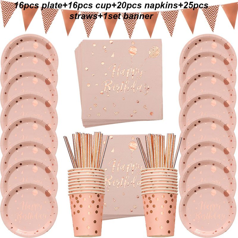 NEW Rose Gold Happy Birthday Printing dot Disposable Tableware Set Paper Plate Cup birthday party decoration Girl Kids baby show