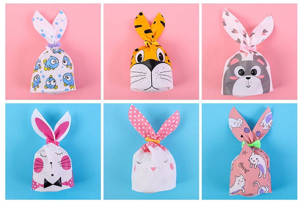 NEW 50pcs Cute Bunny Ear Bag Cookies Plastic Bags Cute Animals Candy Gift Bags Cookies Snacks Baking Packaging Party Supplies