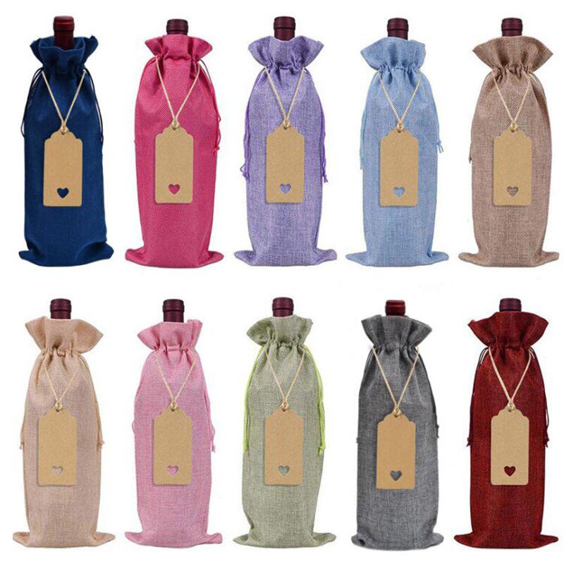 NEW 10pc 15*35cm Rustic Jute Burlap Wine Bags Drawstring Wine Bottle Covers Reusable Bottle Wrap Gift Package Wine Bags