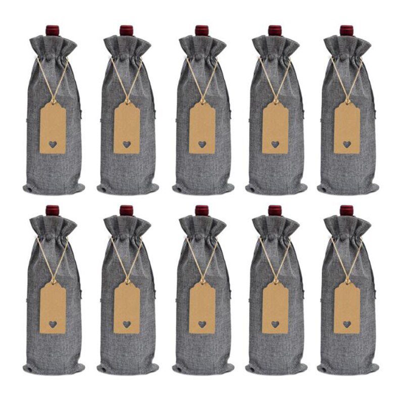 NEW 10pc 15*35cm Rustic Jute Burlap Wine Bags Drawstring Wine Bottle Covers Reusable Bottle Wrap Gift Package Wine Bags