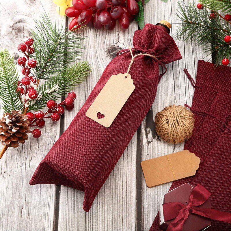 NEW 10pc 15*35cm Rustic Jute Burlap Wine Bags Drawstring Wine Bottle Covers Reusable Bottle Wrap Gift Package Wine Bags