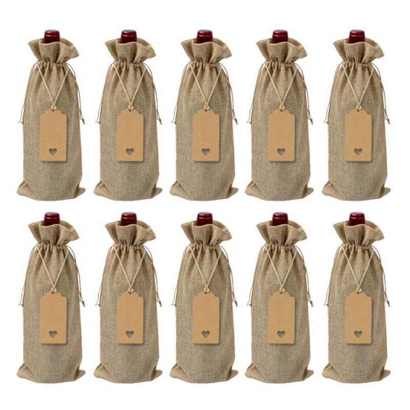 NEW 10pc 15*35cm Rustic Jute Burlap Wine Bags Drawstring Wine Bottle Covers Reusable Bottle Wrap Gift Package Wine Bags