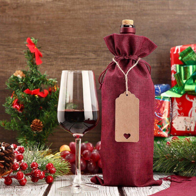 NEW 10pc 15*35cm Rustic Jute Burlap Wine Bags Drawstring Wine Bottle Covers Reusable Bottle Wrap Gift Package Wine Bags