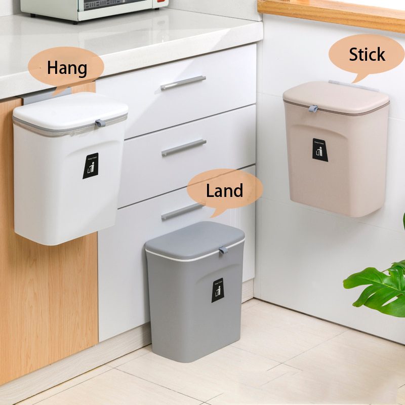 NEW 7/9L Hanging Trash Can For Kitchen Large Capacity Kitchen Recycling Garbage basket Bathroom Wall Mounted Trash Bin with lid