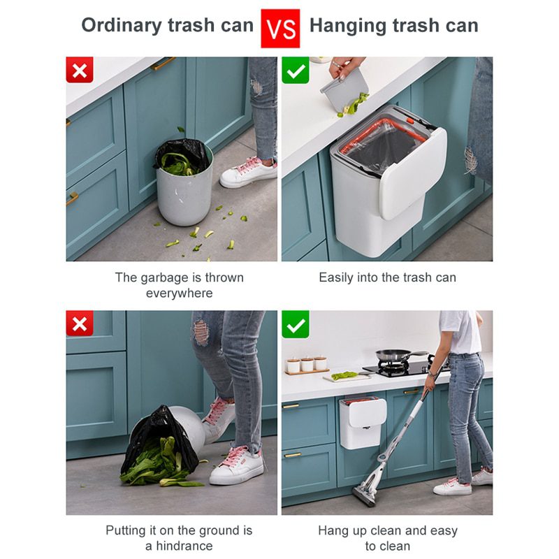 NEW 7/9L Hanging Trash Can For Kitchen Large Capacity Kitchen Recycling Garbage basket Bathroom Wall Mounted Trash Bin with lid