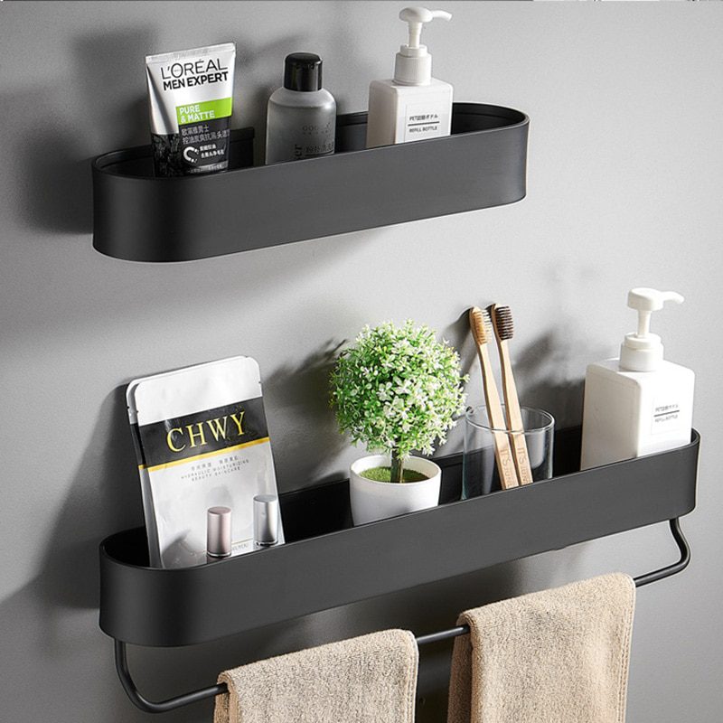 NEW Black Bathroom Shelf 30/40/50 cm Kitchen Wall Shelves Shower Basket Storage Rack Towel Bar Robe Hooks Bathroom Accessories