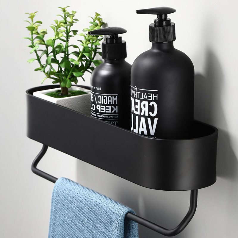 NEW Black Bathroom Shelf 30/40/50 cm Kitchen Wall Shelves Shower Basket Storage Rack Towel Bar Robe Hooks Bathroom Accessories