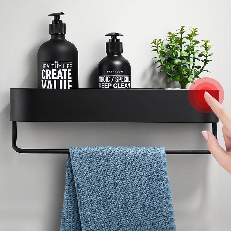 NEW Black Bathroom Shelf 30/40/50 cm Kitchen Wall Shelves Shower Basket Storage Rack Towel Bar Robe Hooks Bathroom Accessories