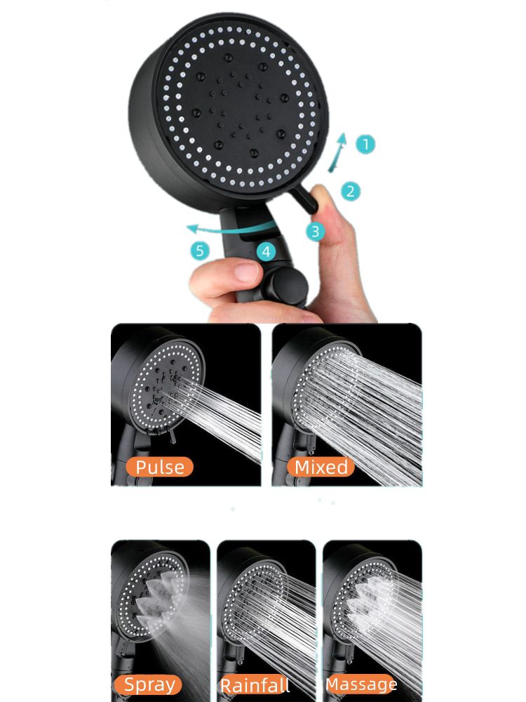 NEW Modes Water Saving Shower Head  Black Adjustable High Pressure Shower One-key Stop Water Massage Shower Head For Bathroom