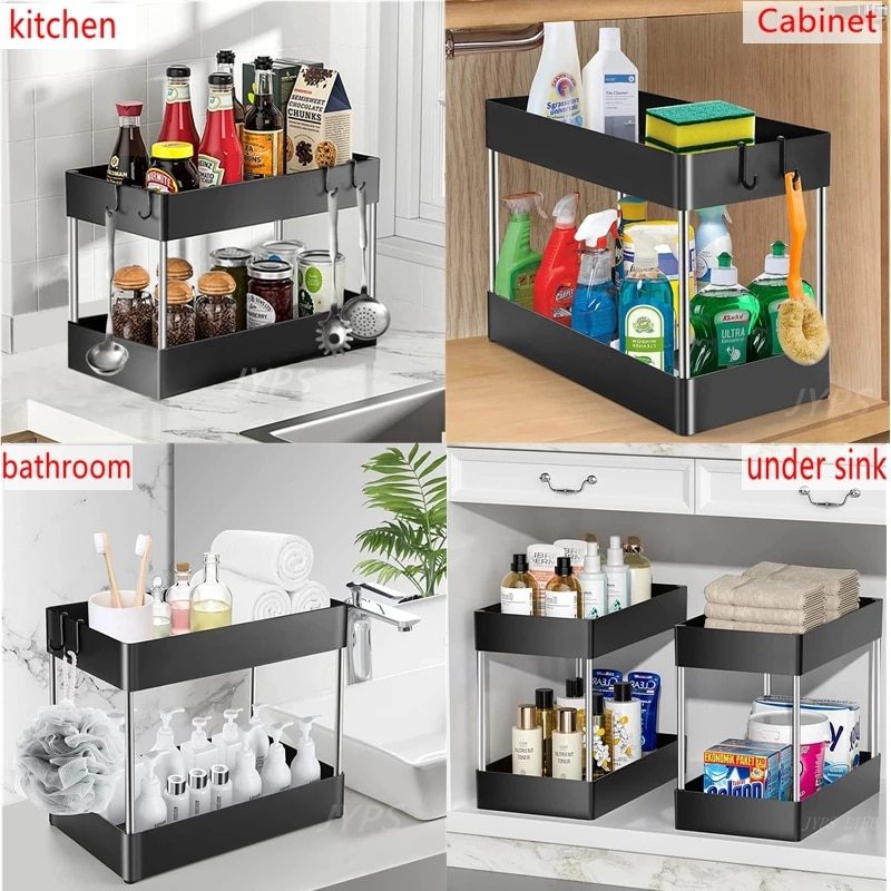 NEW 1/2 Pcs Under Sink Storage Organizer 2 Tier Drawer Multipurpose Rack Cabinet Under Sink Storage Rack Bathroom Kitchen Organi