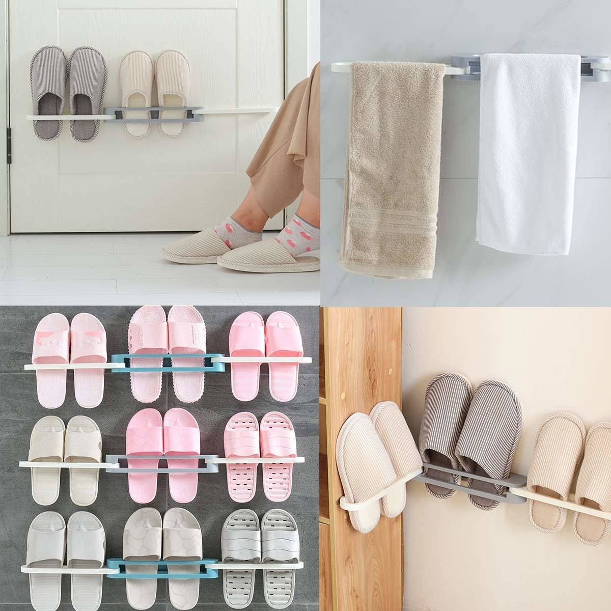 NEW Bathroom Slippers Rack Wall Mounted Shoe Organizer Rack Folding Slippers Holder Shoes Hanger Self Adhesive Storage Towel Rac