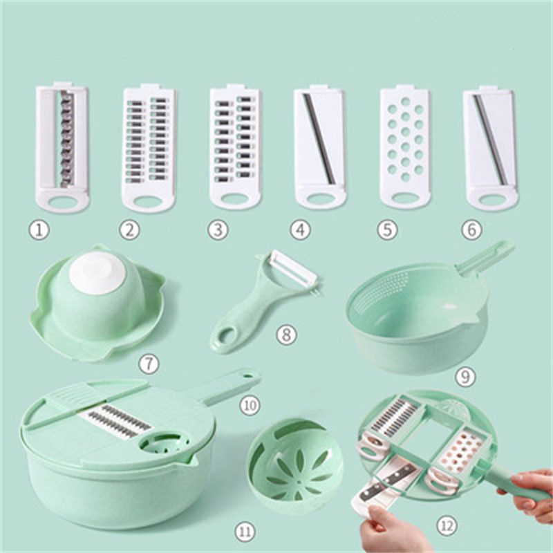 NEW Multifunctional Fruit Vegetable Cutter Slicer Grater Shredders Plastic Drain Basket Slicers 8 In 1 Gadget Kitchen Accessorie