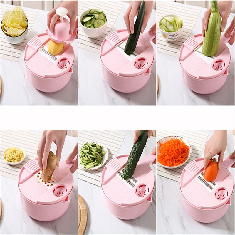 NEW Multifunctional Fruit Vegetable Cutter Slicer Grater Shredders Plastic Drain Basket Slicers 8 In 1 Gadget Kitchen Accessorie