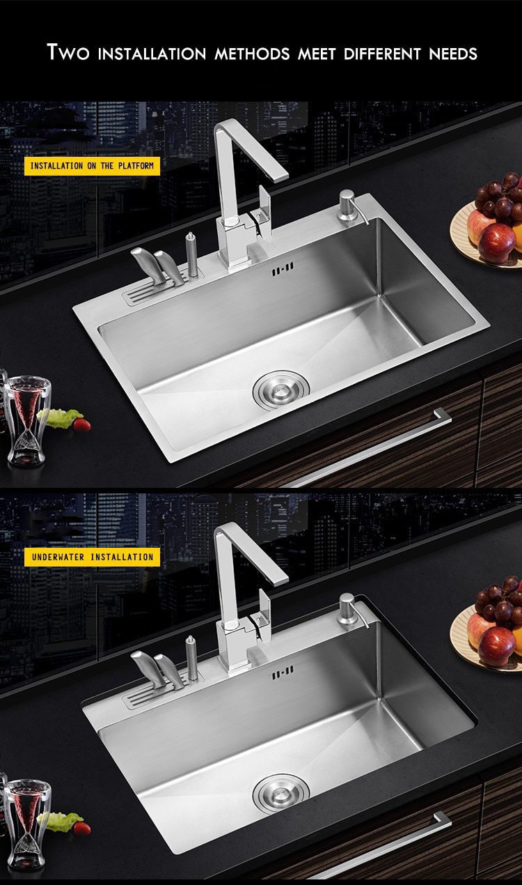 NEW 304 Stainless Steel Kitchen Sink Handmade Sink Drop-in Topmount With Knife Holder 20 Gauge R10 Tight Radius Deep Single Big