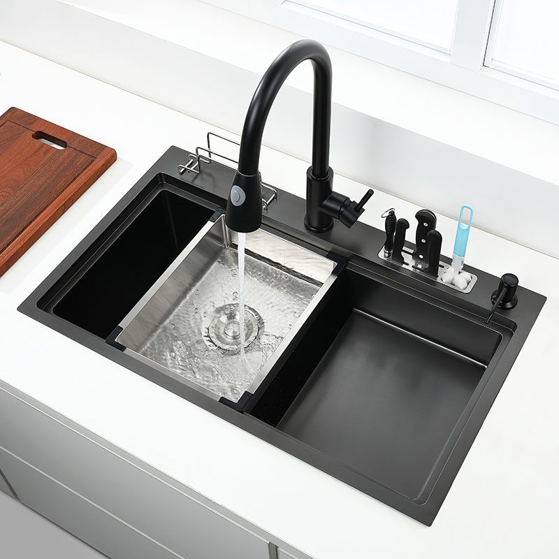 NEW Black kitchen sink With knife holder vegetable washing basin With cutting board stainless steel pia black sink High and low