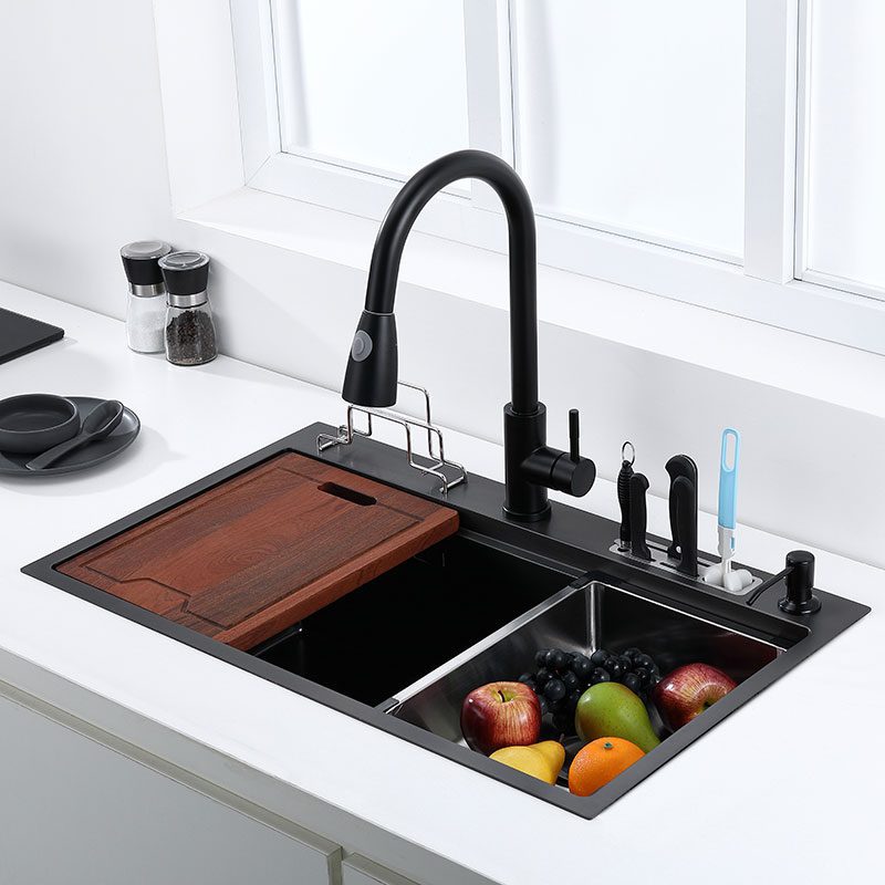 NEW Black kitchen sink With knife holder vegetable washing basin With cutting board stainless steel pia black sink High and low