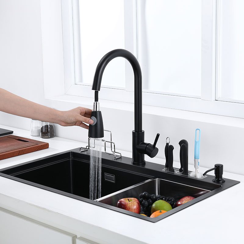 NEW Black kitchen sink With knife holder vegetable washing basin With cutting board stainless steel pia black sink High and low