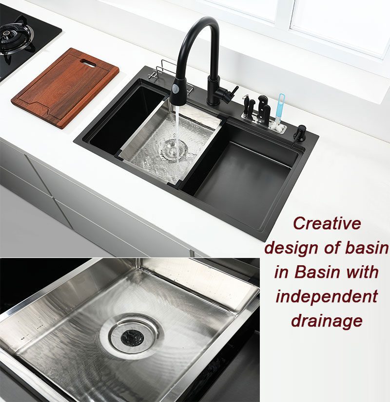 NEW Black kitchen sink With knife holder vegetable washing basin With cutting board stainless steel pia black sink High and low