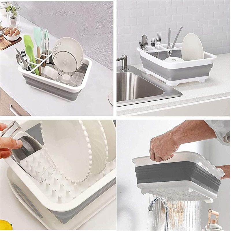 NEW Foldable Dish Rack Kitchen Drainer Tool Bowl Tableware Plate Storage Organizer Holder Portable Fold Drying Home TPR Rack She