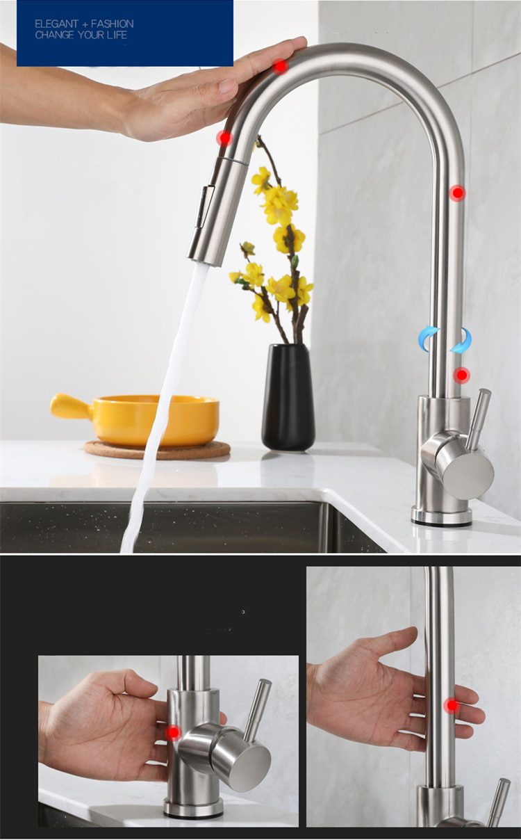 NEW Pull Out Black Sensor Kitchen Faucet Smart Induction Stainless Steel Mixer Tap Touch Control Sink Tap 2 Modes Hot and Cold W