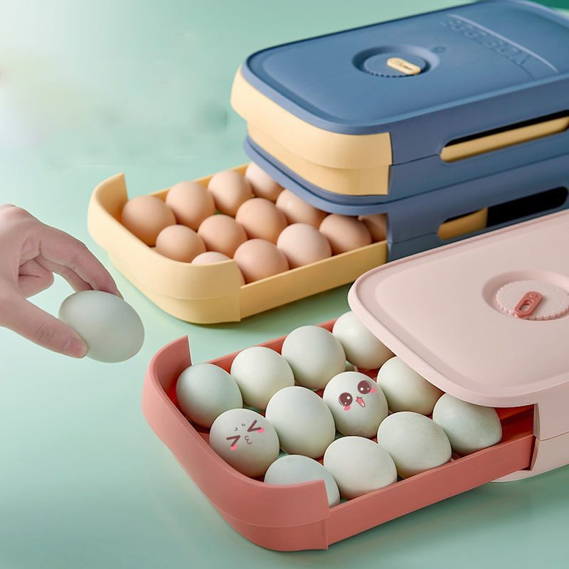 NEW Egg Storage Box Drawer Container Holder Rack Refrigerator Organizer Tray Cooler Fridge Kitchen Food Plastic Lid Home Accesso