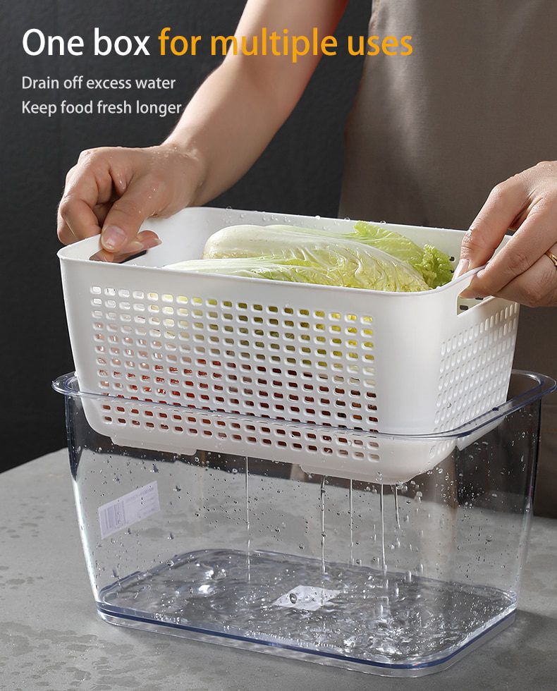 NEW Kitchen Storage Box Refrigerator Keep Fresh Box Vegetable Fruit Drain Crisper Multifunctional Plastic Basket Container With