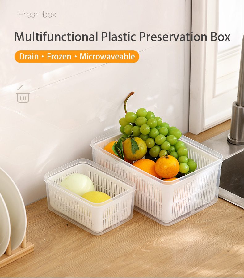 NEW Kitchen Storage Box Refrigerator Keep Fresh Box Vegetable Fruit Drain Crisper Multifunctional Plastic Basket Container With