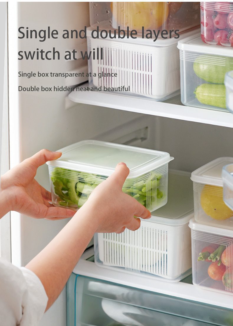 NEW Kitchen Storage Box Refrigerator Keep Fresh Box Vegetable Fruit Drain Crisper Multifunctional Plastic Basket Container With