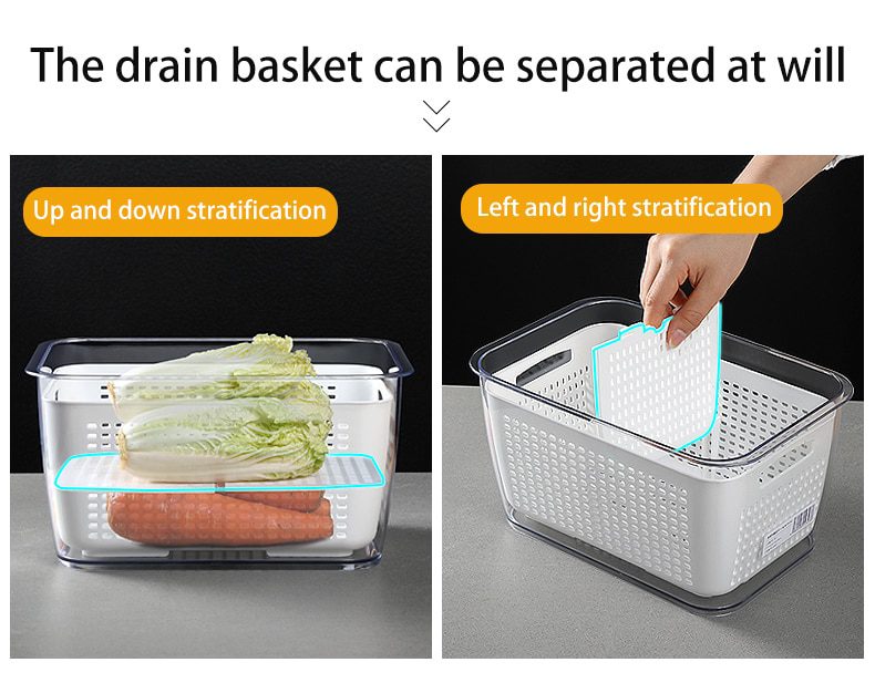 NEW Kitchen Storage Box Refrigerator Keep Fresh Box Vegetable Fruit Drain Crisper Multifunctional Plastic Basket Container With