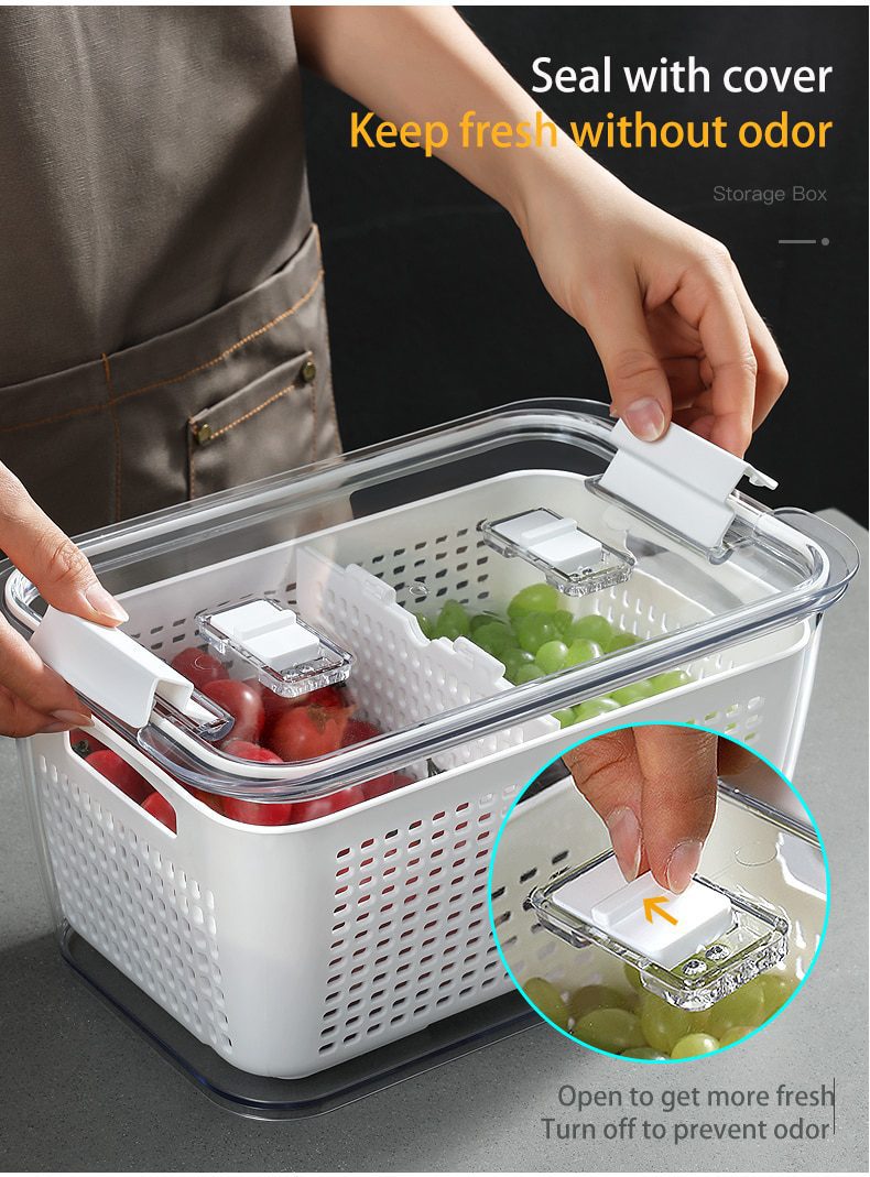 NEW Kitchen Storage Box Refrigerator Keep Fresh Box Vegetable Fruit Drain Crisper Multifunctional Plastic Basket Container With