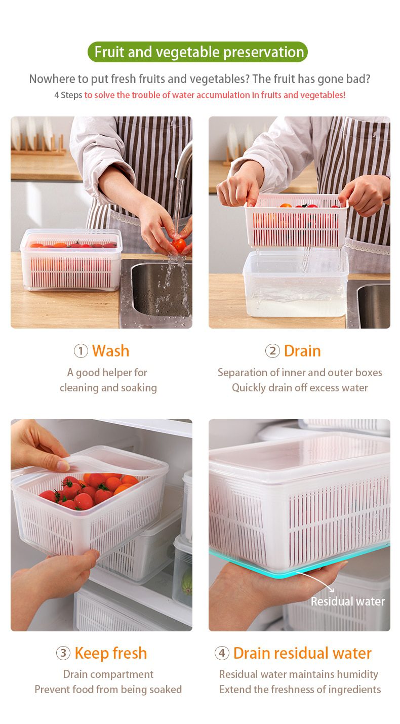 NEW Kitchen Storage Box Refrigerator Keep Fresh Box Vegetable Fruit Drain Crisper Multifunctional Plastic Basket Container With