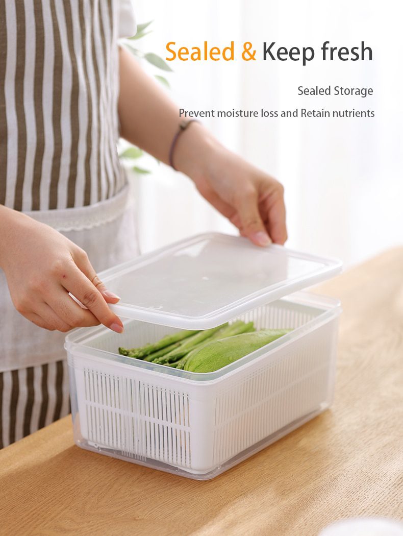 NEW Kitchen Storage Box Refrigerator Keep Fresh Box Vegetable Fruit Drain Crisper Multifunctional Plastic Basket Container With