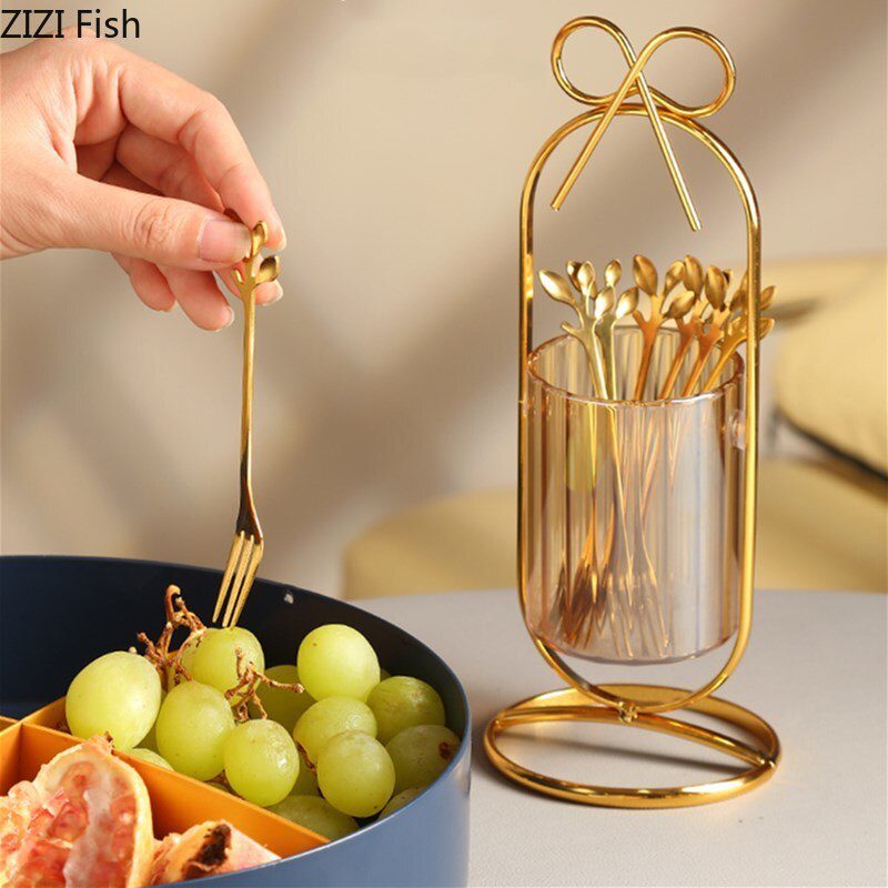 NEW Stainless Steel Glass Storage Tank Stainless Steel Fruit Fork Set Modern Home Kitchen Fruit Fork Storage Tool Chopstick Rest