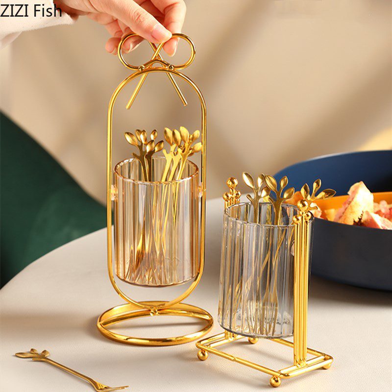 NEW Stainless Steel Glass Storage Tank Stainless Steel Fruit Fork Set Modern Home Kitchen Fruit Fork Storage Tool Chopstick Rest