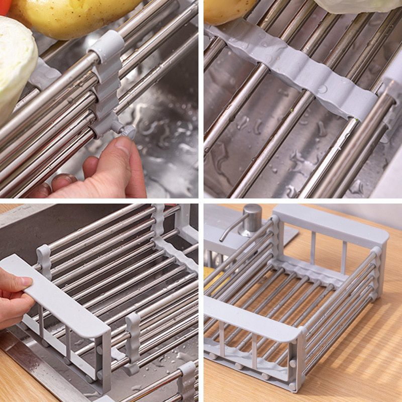 NEW Adjustable Kitchen Stainless Steel Sink Rack Telescopic Sink Dish Rack Sink Holder Organizer Fruit Vegetable Washing Drainer