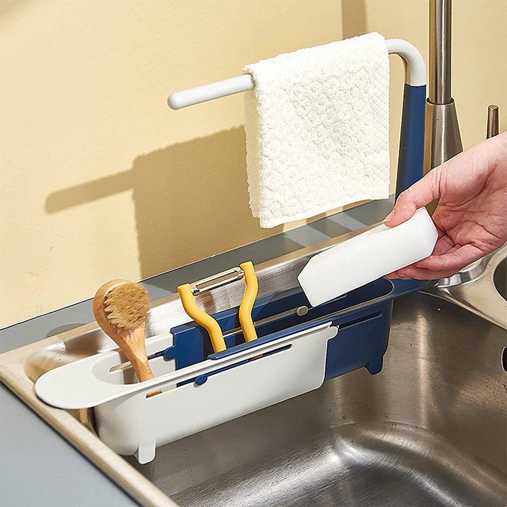 NEW Telescopic Sink Holder Adjustable Drainer Sink Tray Sponge Soap Holder Holder Dish Cloth Hanger for Home Kitchen 2-in-1 Hold