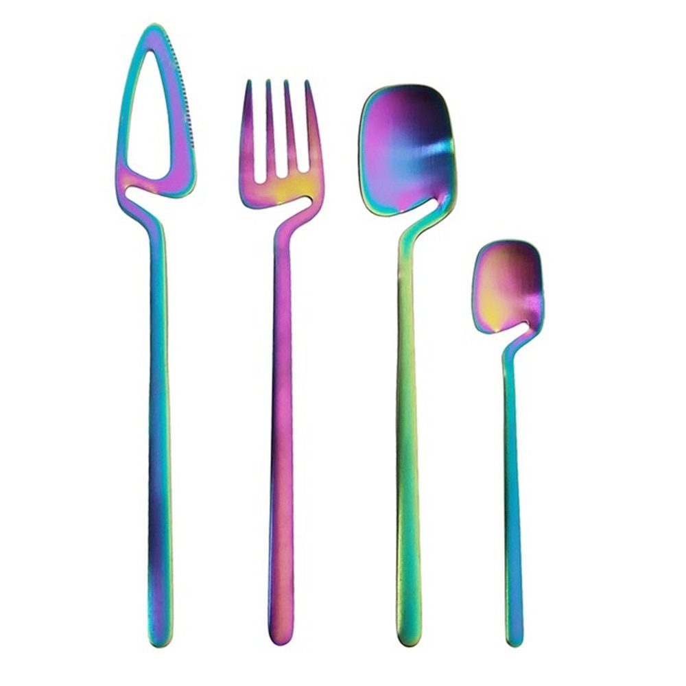 NEW 4pcs Rainbow Dining Spoon Fork Table Set Home Kitchen Table Decor Cutlery Sets Ice Cream Desserts Soup Coffee Use Kitchen To