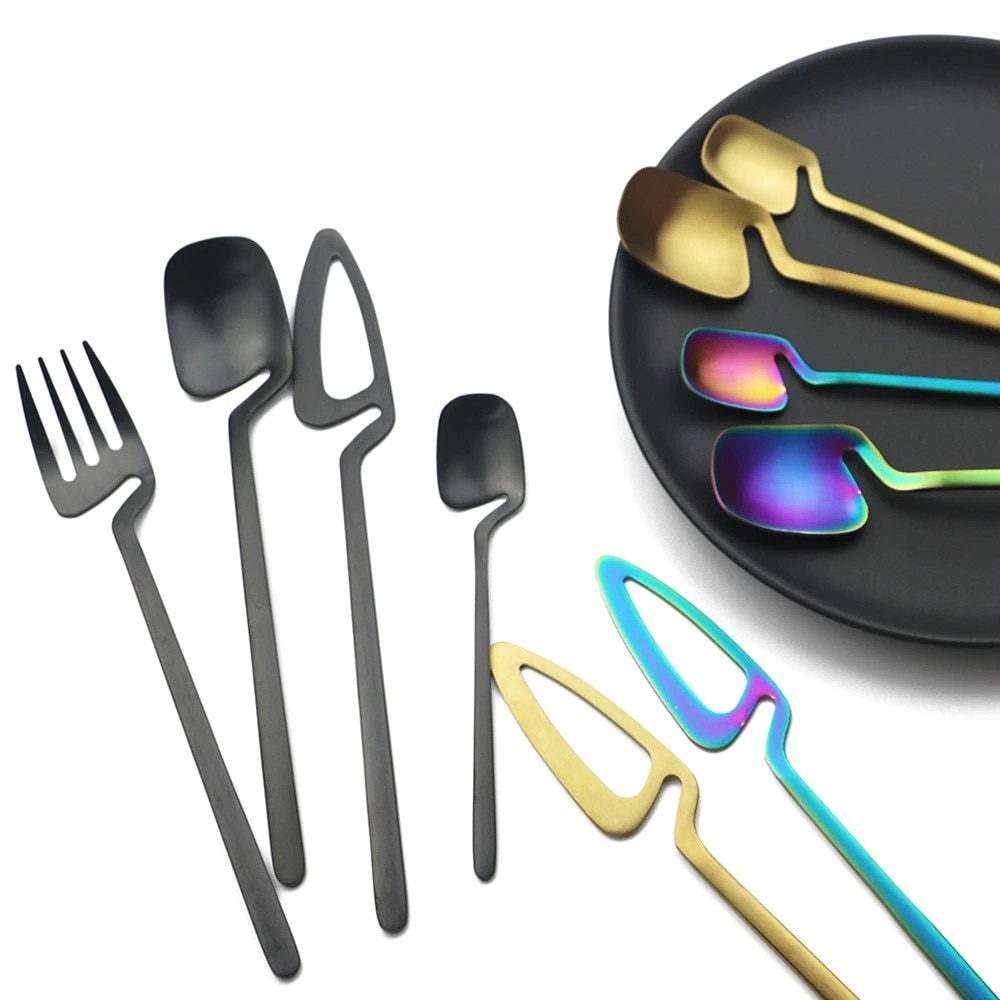 NEW 4pcs Rainbow Dining Spoon Fork Table Set Home Kitchen Table Decor Cutlery Sets Ice Cream Desserts Soup Coffee Use Kitchen To