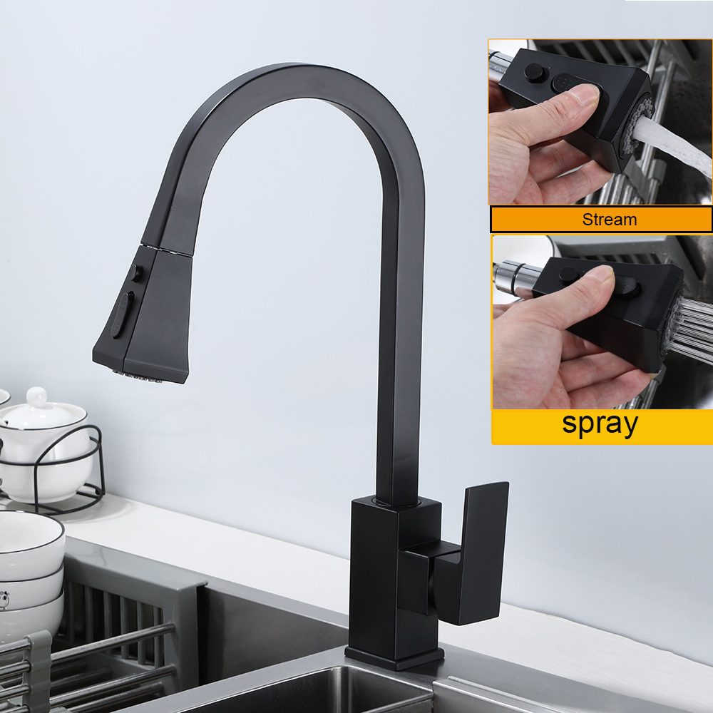 NEW Matte Black Kitchen Faucet Cold and Hot Kitchen Mixer Pull Out Two Function Deck Mounted Tap With Free Hose