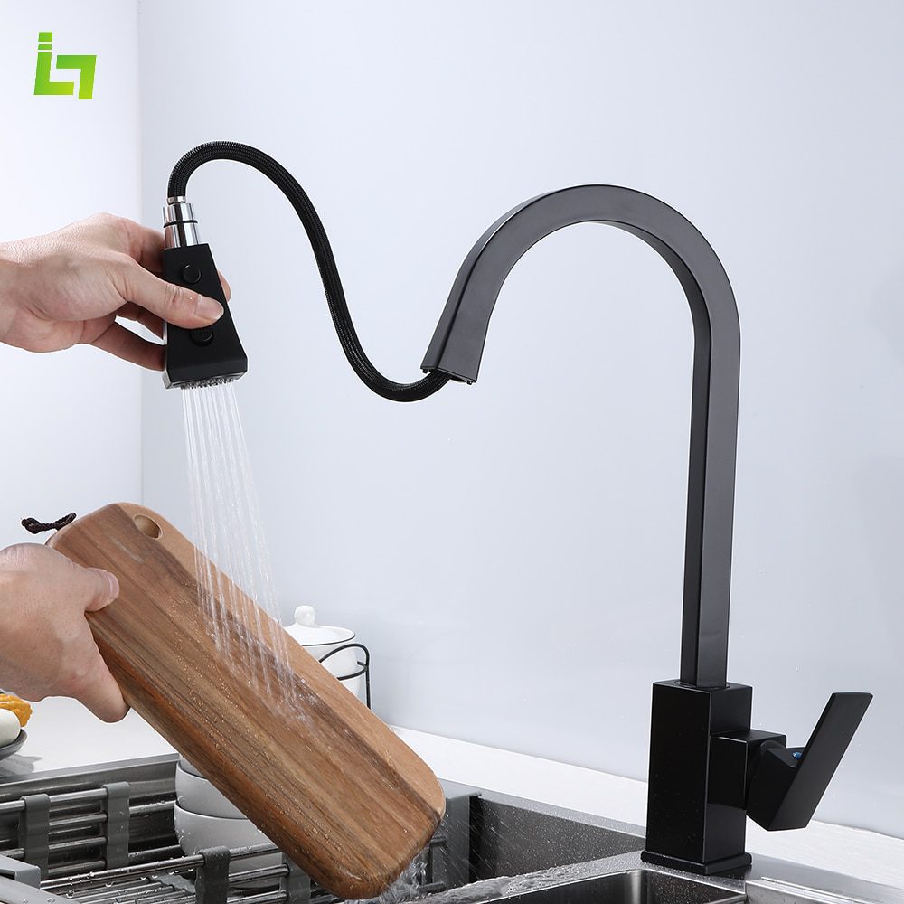 NEW Matte Black Kitchen Faucet Cold and Hot Kitchen Mixer Pull Out Two Function Deck Mounted Tap With Free Hose