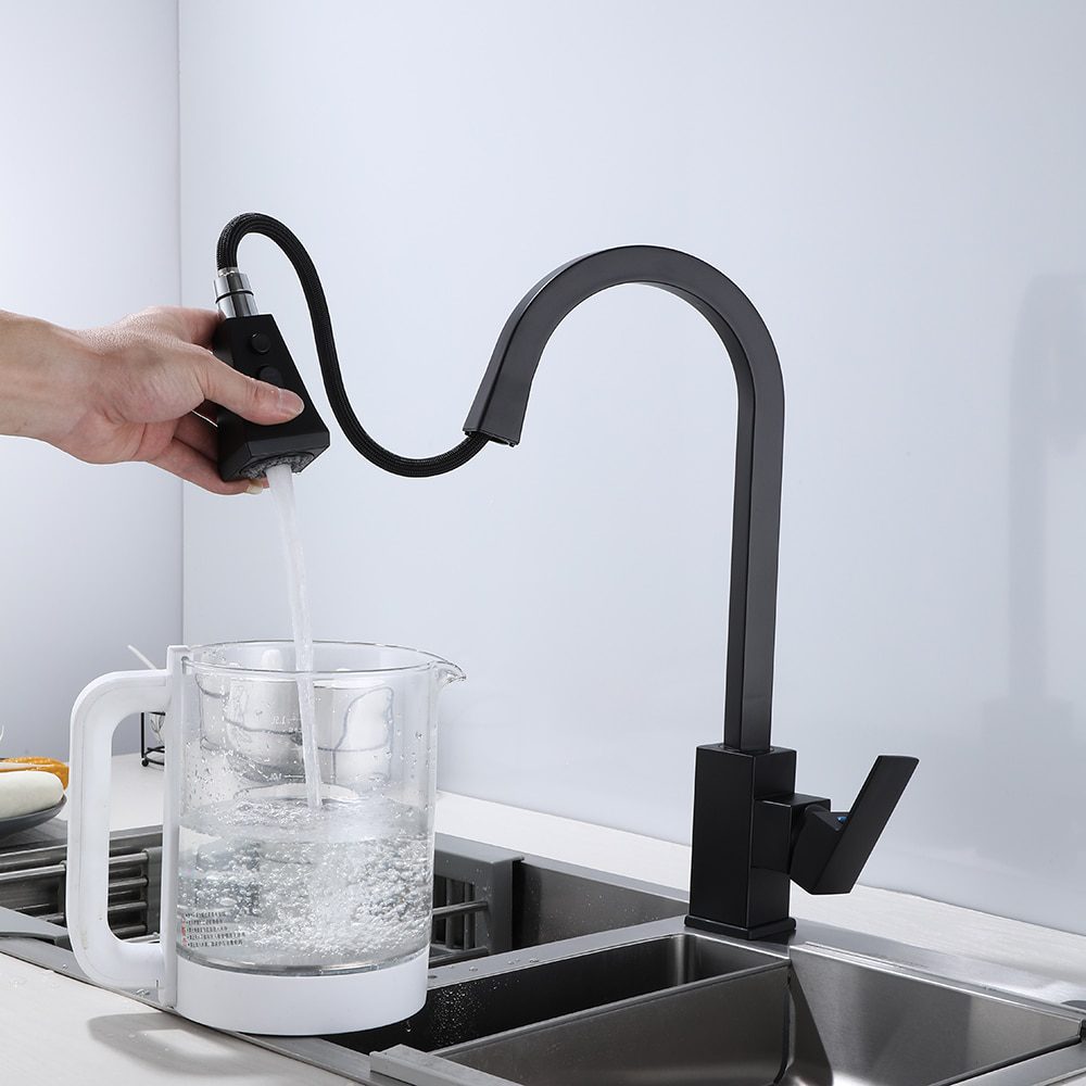 NEW Matte Black Kitchen Faucet Cold and Hot Kitchen Mixer Pull Out Two Function Deck Mounted Tap With Free Hose