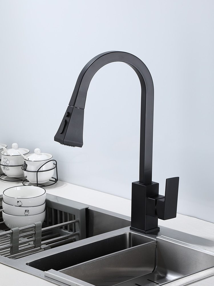 NEW Matte Black Kitchen Faucet Cold and Hot Kitchen Mixer Pull Out Two Function Deck Mounted Tap With Free Hose