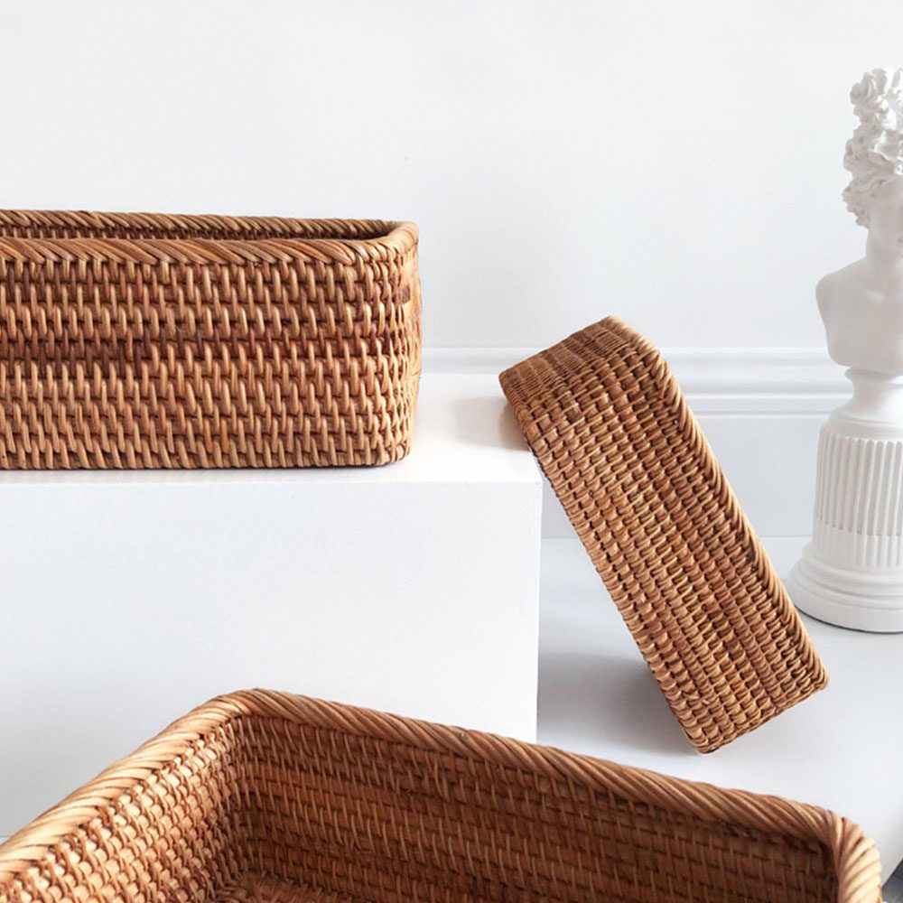 NEW Hand-woven Rattan Wicker Basket Fruit Tea Snack Bread Basket Cosmetic Rectangular Storage Box Household Kitchen Supplies