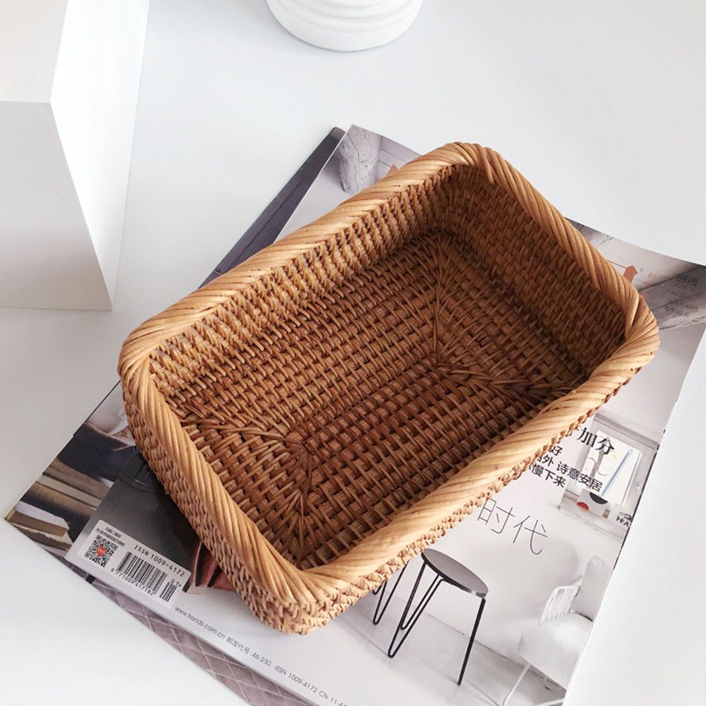 NEW Hand-woven Rattan Wicker Basket Fruit Tea Snack Bread Basket Cosmetic Rectangular Storage Box Household Kitchen Supplies