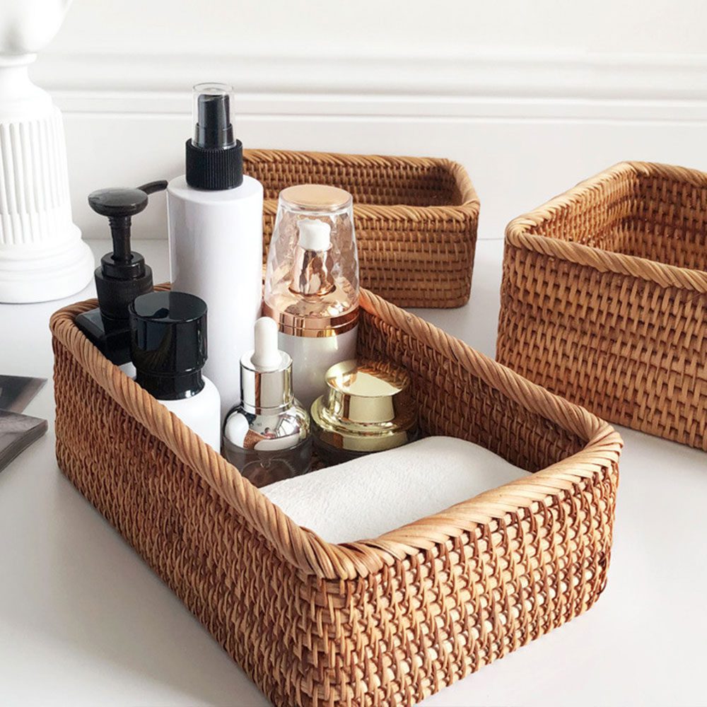 NEW Hand-woven Rattan Wicker Basket Fruit Tea Snack Bread Basket Cosmetic Rectangular Storage Box Household Kitchen Supplies