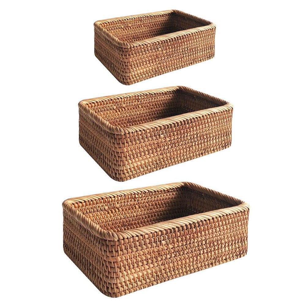 NEW Hand-woven Rattan Wicker Basket Fruit Tea Snack Bread Basket Cosmetic Rectangular Storage Box Household Kitchen Supplies