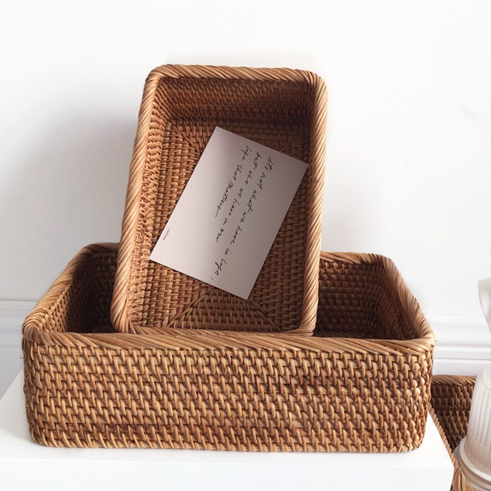 NEW Hand-woven Rattan Wicker Basket Fruit Tea Snack Bread Basket Cosmetic Rectangular Storage Box Household Kitchen Supplies