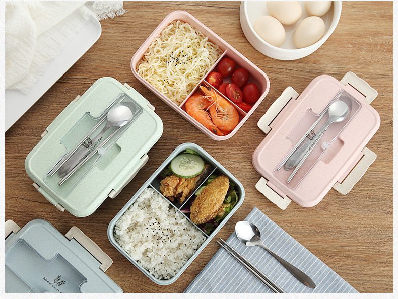 NEW Lunch Box Wheat Straw Dinnerware with Spoon Chopsticks Food Storage Container Children Kids School Office Bento Box