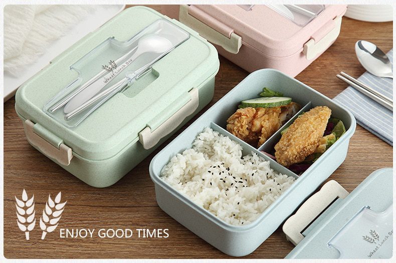 NEW Lunch Box Wheat Straw Dinnerware with Spoon Chopsticks Food Storage Container Children Kids School Office Bento Box